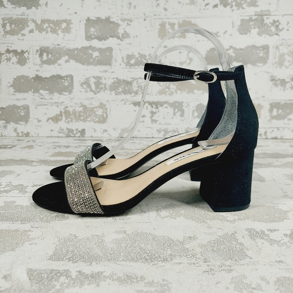 New Nina Elenora Black Crystal Rhinestone Ankle Strap Block Heel Sandals C969 - Picture 1 of 13